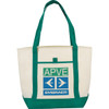 A non-woven tote bag in cream with green handles, featuring a logo and graphic details on the front.