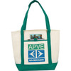 A green and cream tote bag with a front pocket and a logo. Features two long green handles for carrying.