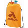 An orange drawstring sportspack with a black logo, featuring items like a drink bottle and a notepad.