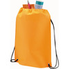 An orange drawstring sportspack with black cords, filled with a drink bottle and two other items.