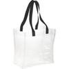 A clear tote bag with black handles, featuring an open design and no visible branding.