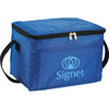 A blue insulated cooler bag with a zippered top and a logo on the front, featuring a carrying handle.