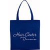 A navy blue non-woven tote bag with long handles and a logo on the front.
