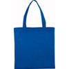 A blue non-woven tote bag with two handles, featuring a logo on the front.