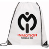 A large white drawstring sportspack featuring a black logo and red text on the front.