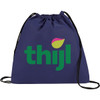 A navy blue drawstring sportpack with black cords and a logo in green and pink.
