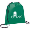 A green non-woven drawstring sportpack with black drawstrings and a logo on the front.