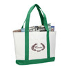 A large tote bag with green handles and bottom, featuring a white body and a logo on the front.