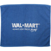 A blue gym towel with a logo and textured fabric, ideal for leisure and outdoor activities.