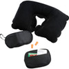 A black travel neck pillow, earplugs, and a small zippered pouch with various travel accessories.