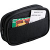 A black travel kit featuring a zippered compartment and a front pocket for cards and boarding passes.