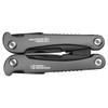 A black multi-tool with a sleek design and a logo, folded for compact storage with visible screws.