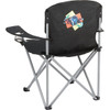 An oversized folding chair in black with a colourful logo on the back, featuring a cup holder on the side.