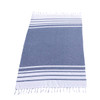 A blue and white striped Turkish beach towel with fringed edges, featuring a logo.