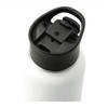 A drink bottle with a black cap and a white body, featuring a spout and an attached handle for easy carrying.