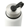 A drink bottle featuring a stainless steel lid and a white body, equipped with a black carry handle.
