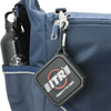 A cooler bag in navy blue with a drink bottle and a small speaker attached, featuring a logo.