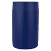 A navy blue drink holder with a sleek, smooth finish, featuring a branding logo.