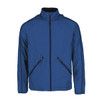 A blue men's packable jacket with zippered pockets and a hood, featuring a logo on the front.