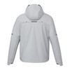 A men's softshell jacket in light grey with a hood, featuring a logo on the back and minimalistic design.