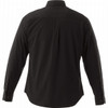 A black long sleeve button-up shirt for men, featuring a plain back design and a collar. It has a logo.