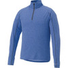 A blue knit quarter zip jumper for men, featuring long sleeves and a zippered neck. It has a branding logo.