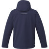 A navy blue men's jacket featuring a hood and a reflective detail on the back. It includes a logo.