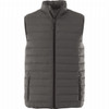 A grey insulated vest with a high collar and zippered front and pockets, featuring a logo.