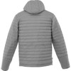 A grey puffer jacket with a hood and quilted design, featuring a logo on the back.