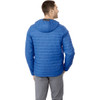 A blue puffer jacket with a hood, viewed from the back. It features a logo on the side.