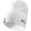 A white knit beanie with a logo on the front, designed for unisex wear.