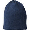 A unisex navy knit beanie with a seamless design and a branding logo on the side.