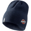 A navy knit beanie with a logo, suitable for unisex wear. The beanie is soft and fitted.