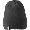 A grey knit beanie with a logo on the side, designed for unisex wear.