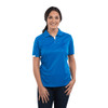 A woman models a short sleeve polo shirt in bright blue, featuring a logo on the front.
