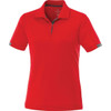 A red short sleeve polo shirt for women with a subtle logo on the chest and grey accents.