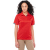 A red women's short sleeve polo shirt with grey accents and a logo on the chest.