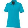 A women's short sleeve polo shirt in vibrant turquoise with a classic collar and button placket.