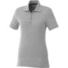 A grey women's polo shirt with a collar and short sleeves, featuring a button placket and a logo.