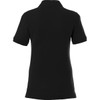A black women's polo shirt with short sleeves and a collar, featuring a logo on the back.