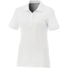 A white women's short sleeve polo shirt featuring a collar and a front placket with buttons, with a logo on the chest.