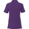 A purple women's polo shirt with short sleeves and a collar, featuring a logo.