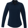 A women's long sleeve polo shirt in navy blue, featuring a collar and a logo on the chest.