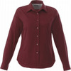 A burgundy long sleeve women's button-up shirt with a classic collar and buttons down the front. Features branding.