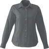 A dark grey long sleeve button-up shirt for women, featuring a classic collar and a logo.