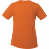 An orange short sleeve tech tee for women, featuring a simple design and a logo.