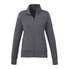 A grey full zip polar fleece jacket for women, featuring long sleeves and a high collar. It has a logo.