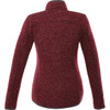 A womens' knit jacket in a burgundy tone, featuring a high collar and a logo on the back.