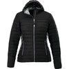 A women's black packable insulated jacket with a hood and zippered front, featuring contrasting interior lining.