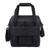 A black cooler bag with a spacious main compartment and adjustable shoulder strap, featuring a front pocket and branding.